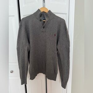 Ralph Lauren Men's Charcoal Gray Button Mock Neck Sweater with Red Pony